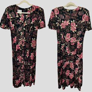 Vintage Adam Jason Black Floral Midi Dress Short Sleeve Flowy Pink Flowers Cute